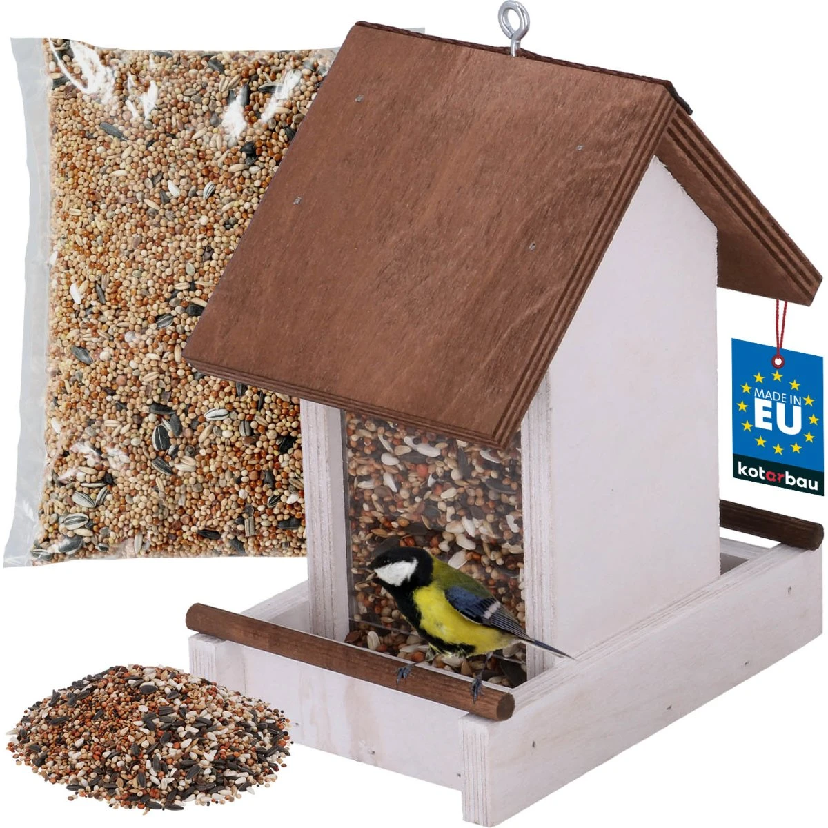 KOTARBAU® Hængefågelmatare i træ, hvid, 190x130x135 mm + 0,5 kg foder