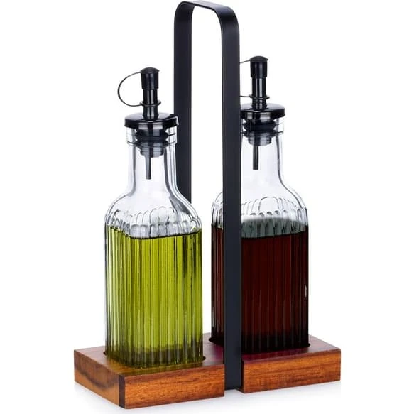 Glasflaske til olie og eddike med stativ, 2x 190 ml