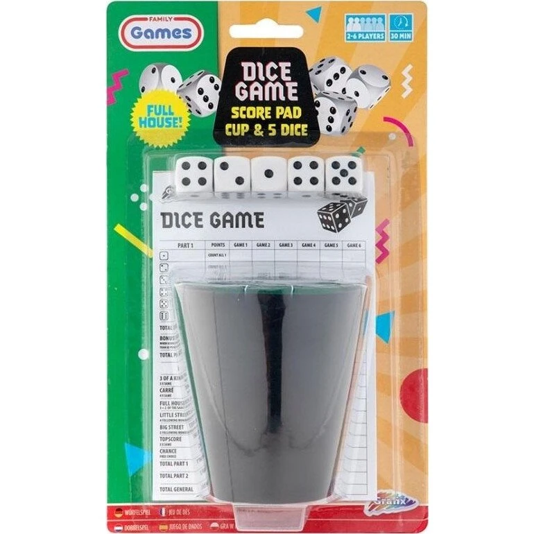 Yatzy sæt - bæger, blok og 5 terninger