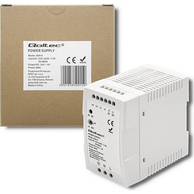 Qoltec 50915 DIN-skinnestrømforsyning 96W 24V 4A - Hvid Slim