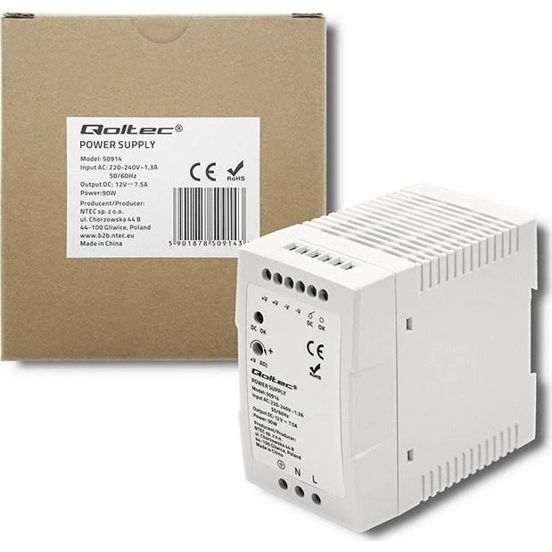 Qoltec 50914 DIN-skinnestrømforsyning 90W 12V 7,5A - Hvid