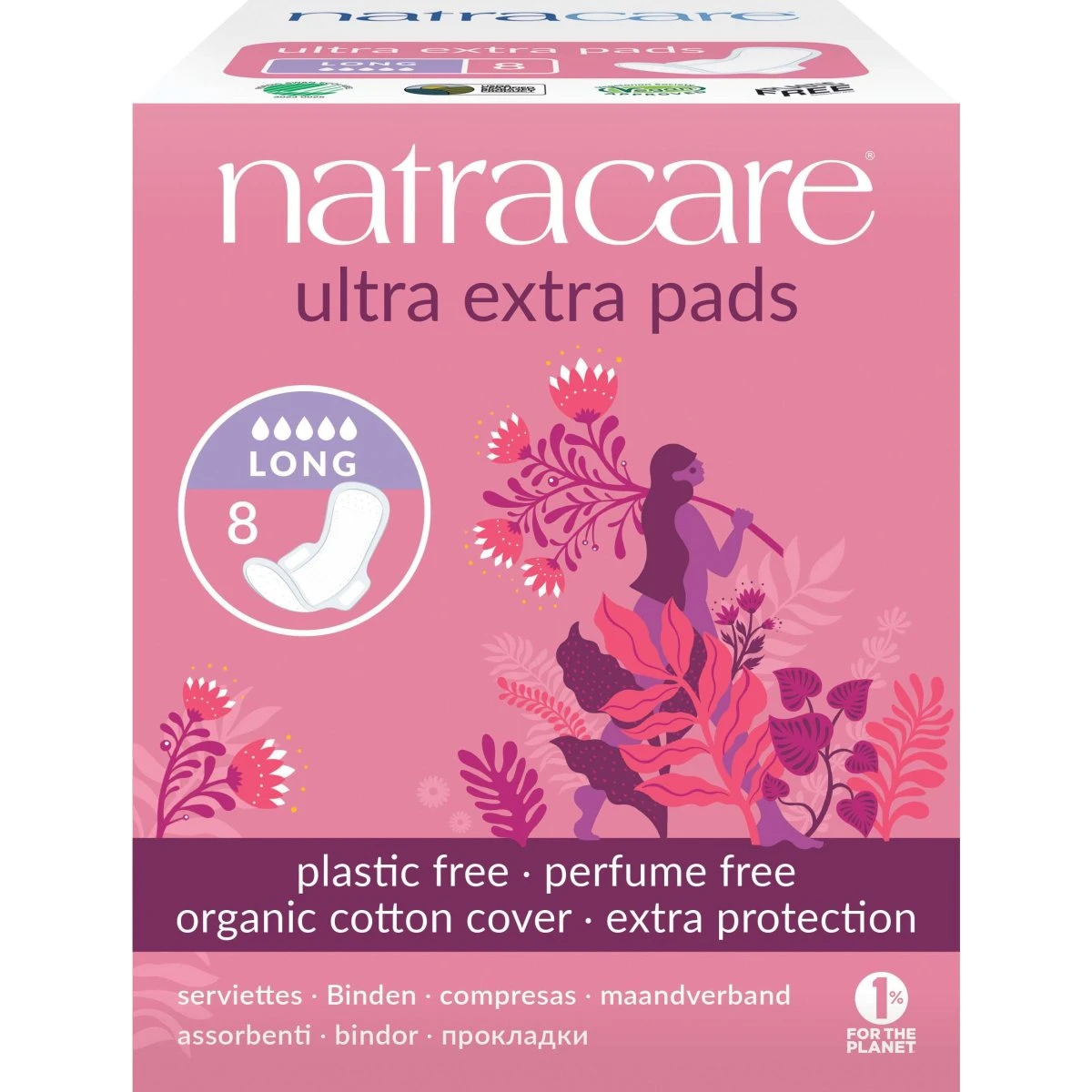 Natracare Ultra Extra Bind Long med vinger, 8 stk.