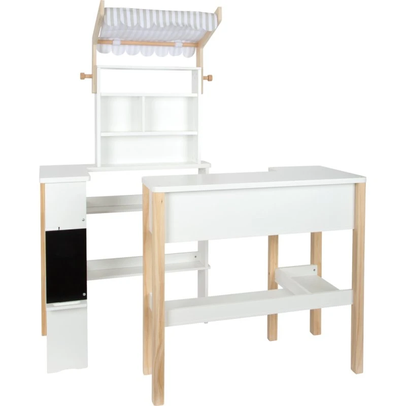 Købmandsbutik i træ – kompakt legebutik med stofbaldakin