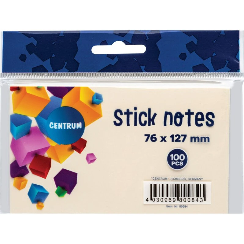 CENTRUM StickNotes 75x125 mm – 100 ark, pastelgul