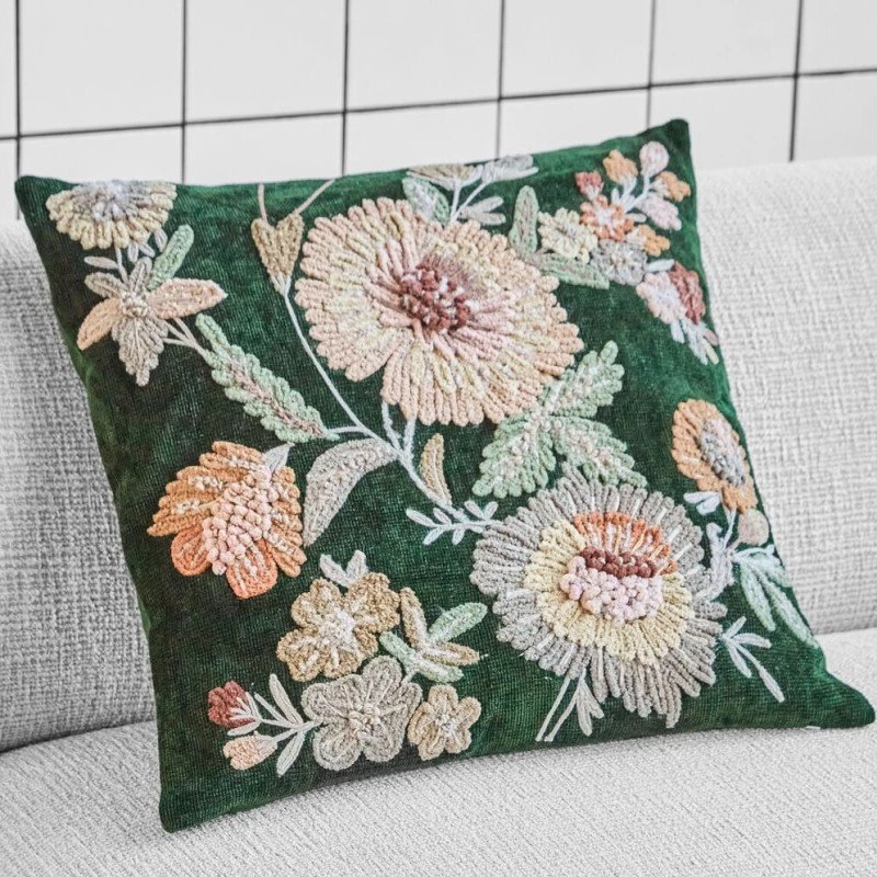 House Doctor HDBota Pudebetræk 50x50 cm Grøn med Blomsterbroderi