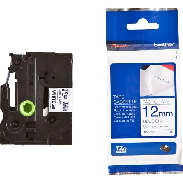 Brother TZe-FA3 12 mm stoflabel – marineblå på hvid, 3 m