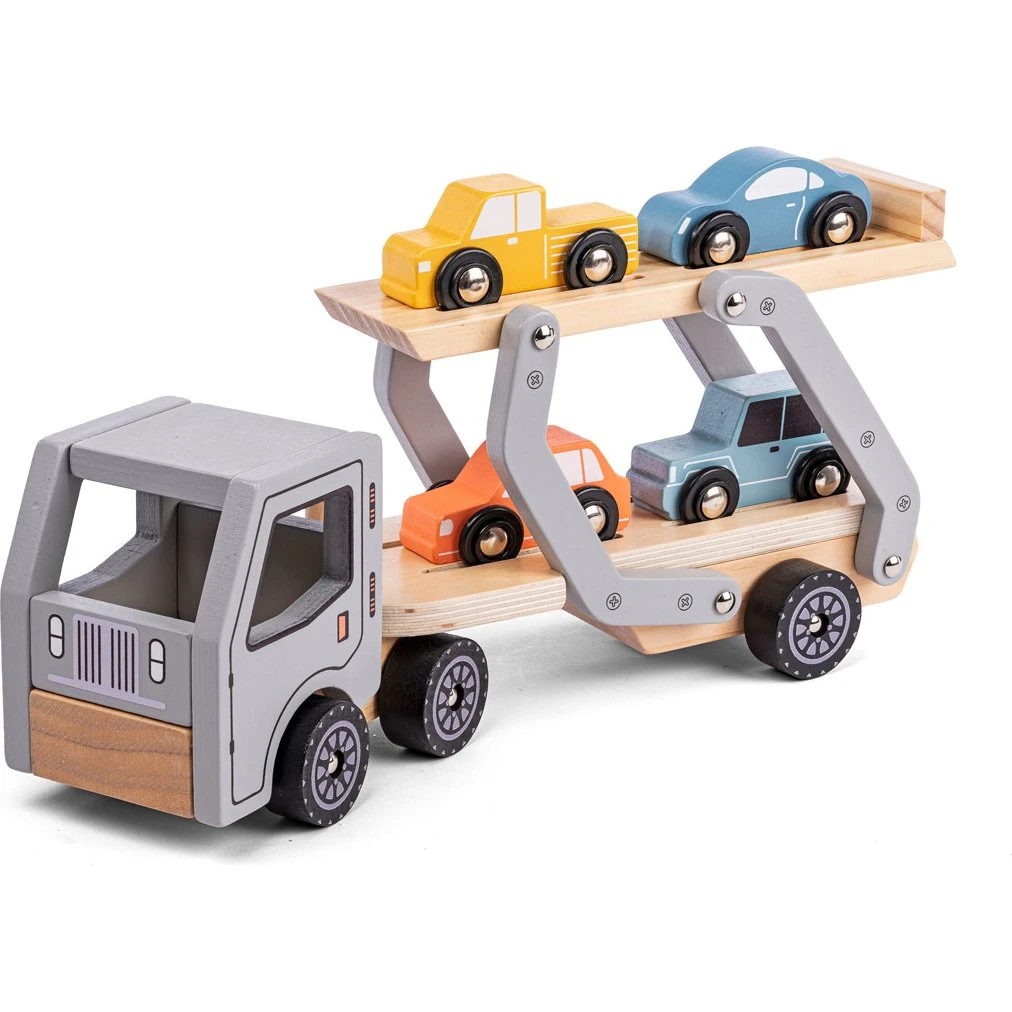 Wood Beez Autotransporter med 4 farverige træbiler