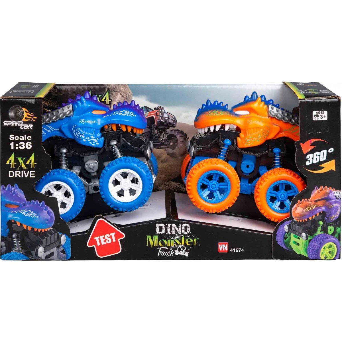 Speed Car Dinosaur Monstertrucks - Sæt med 2 stk. - Blå & Orange