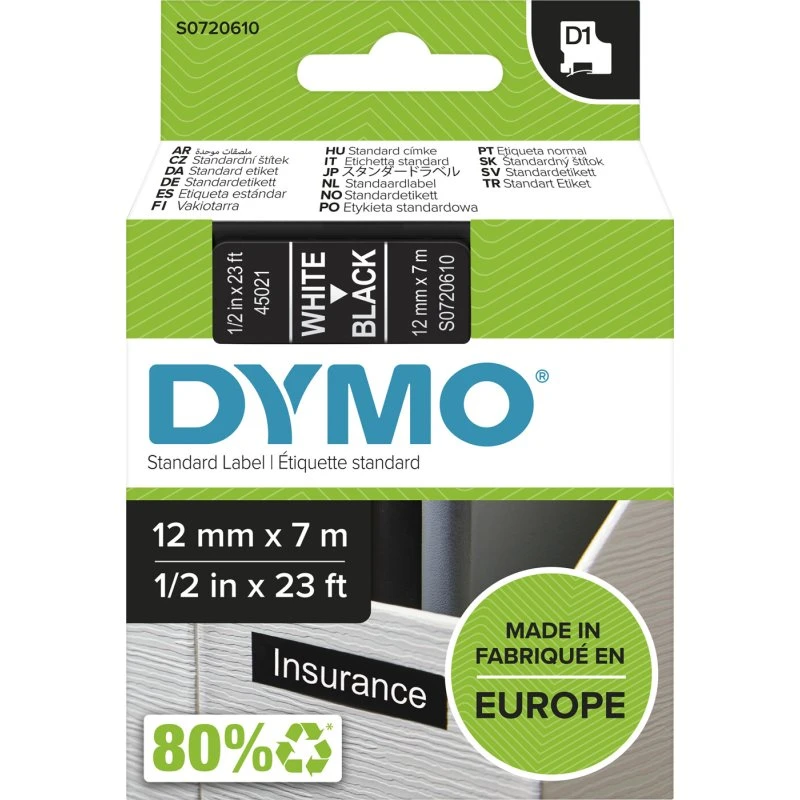 DYMO D1 Tape 12 mm x 7 m – Hvid på Sort