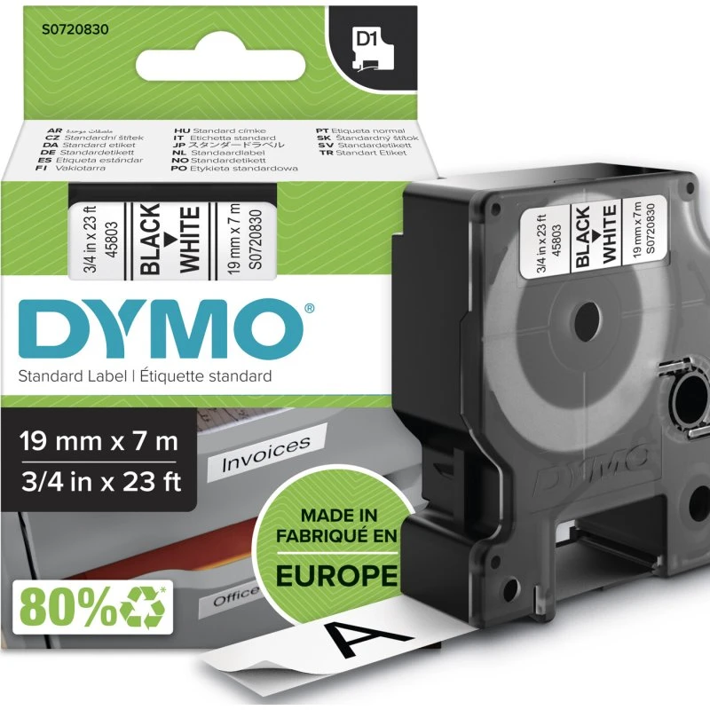 DYMO D1 tape 19 mm x 7 m – sort på hvid
