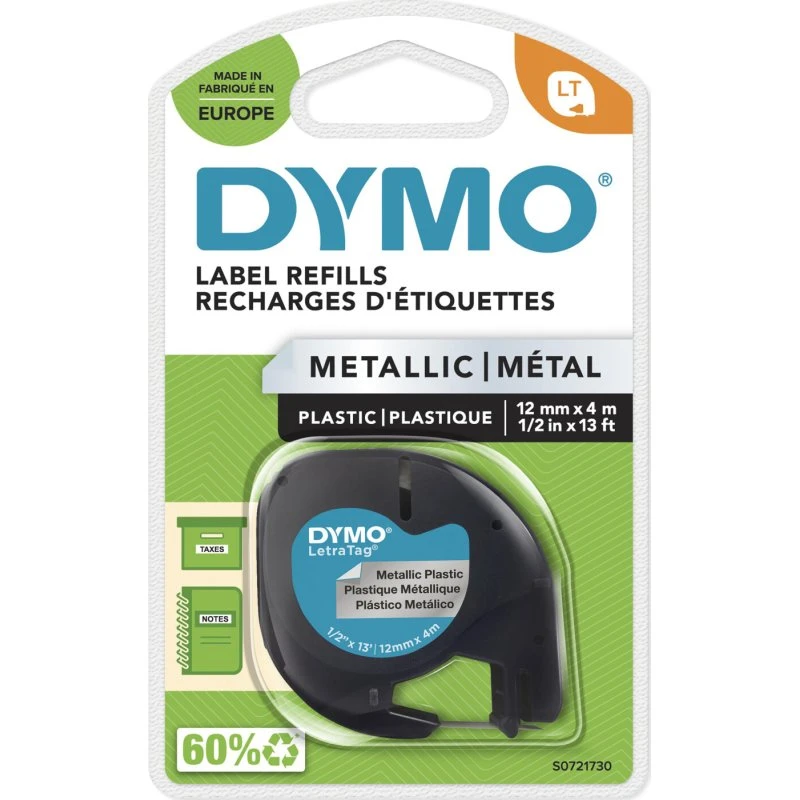 DYMO LetraTag plastiktape 12mm x 4m — sort på metallic sølv
