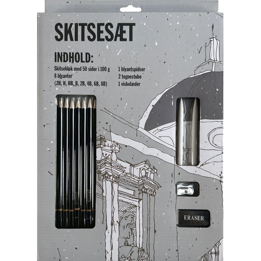 Skitsesæt med blok (50 sider, 100g papir) og 8 blyanter