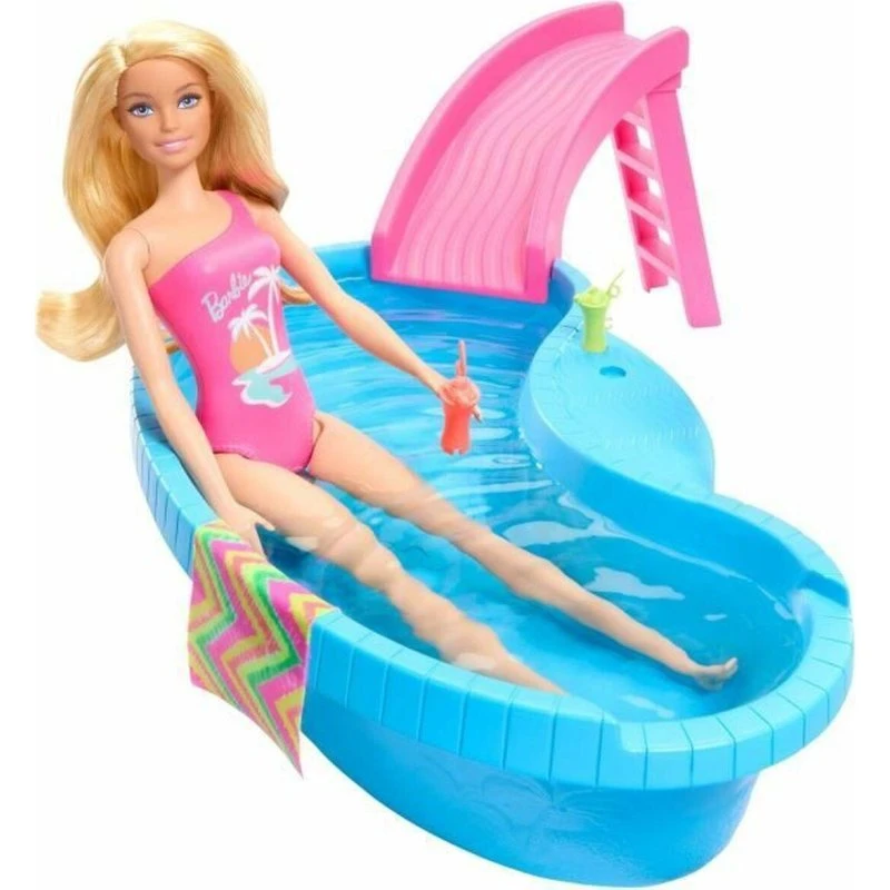 Barbie Pool Legesæt med Dukke, Rutsjebane og Tilbehør