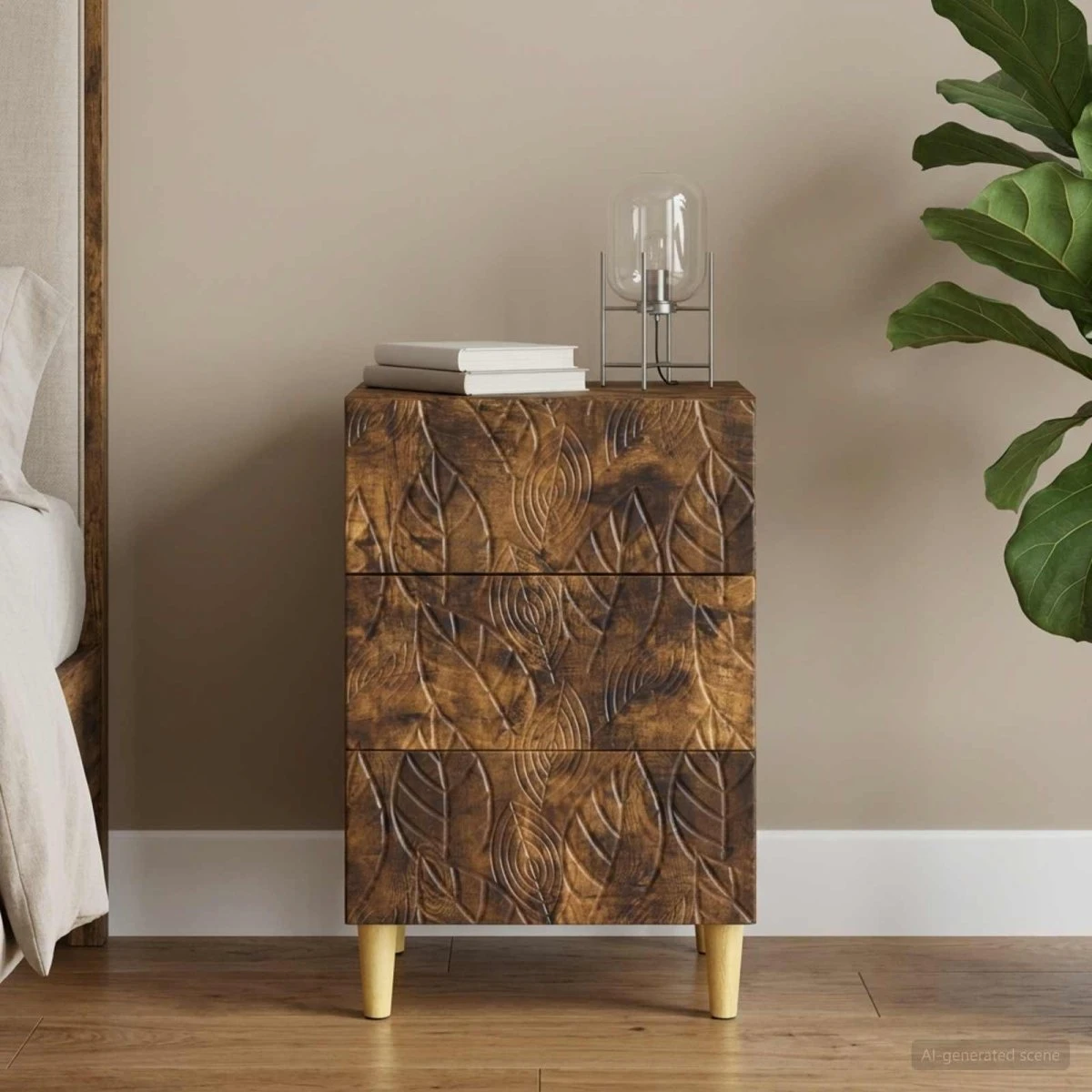 vidaXL Sengebord Røget eg 43 x 39,5 x 66,5 cm med 3 skuffer