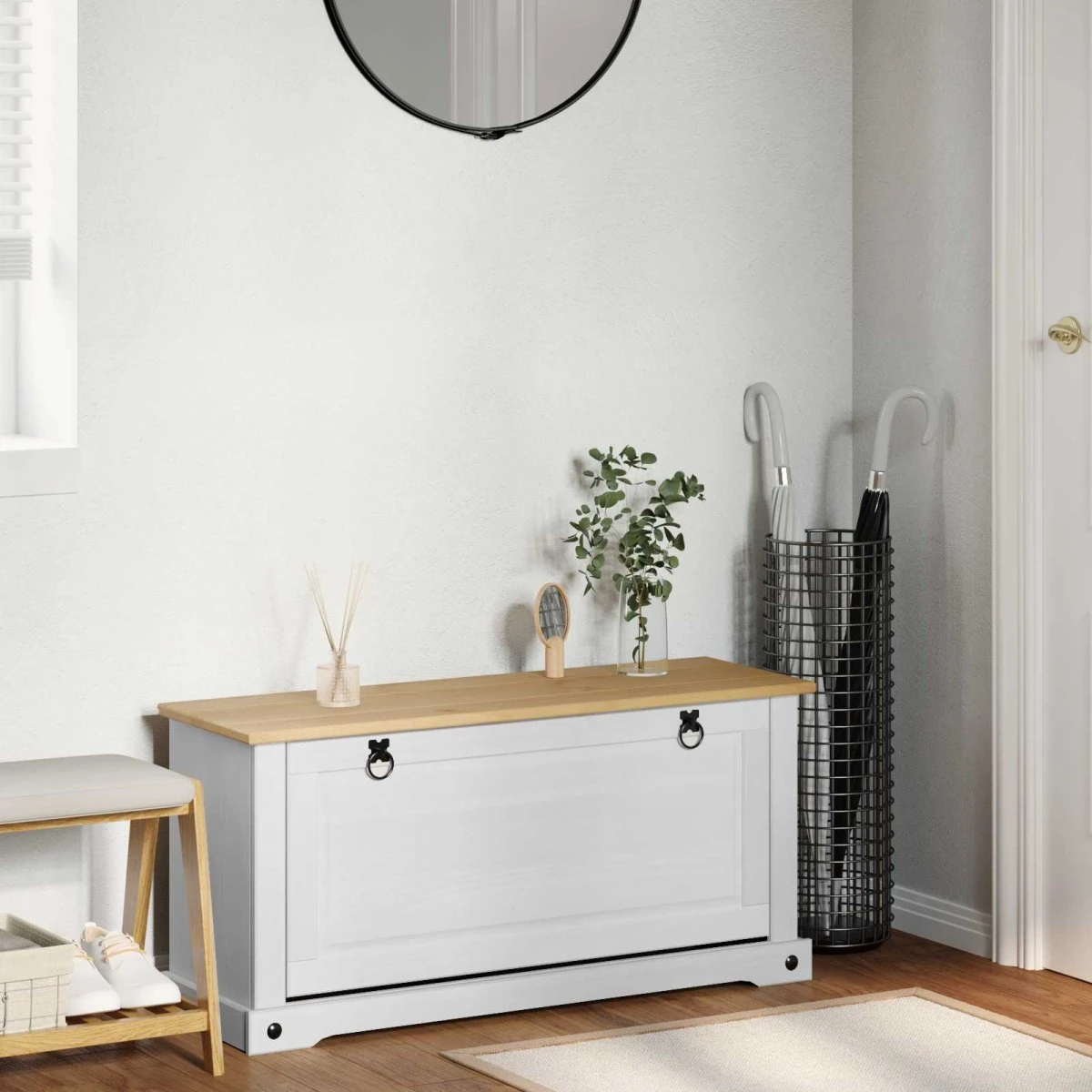 vidaXL Skoskab CORONA i massivt fyrretræ, hvid, 99x32x47 cm