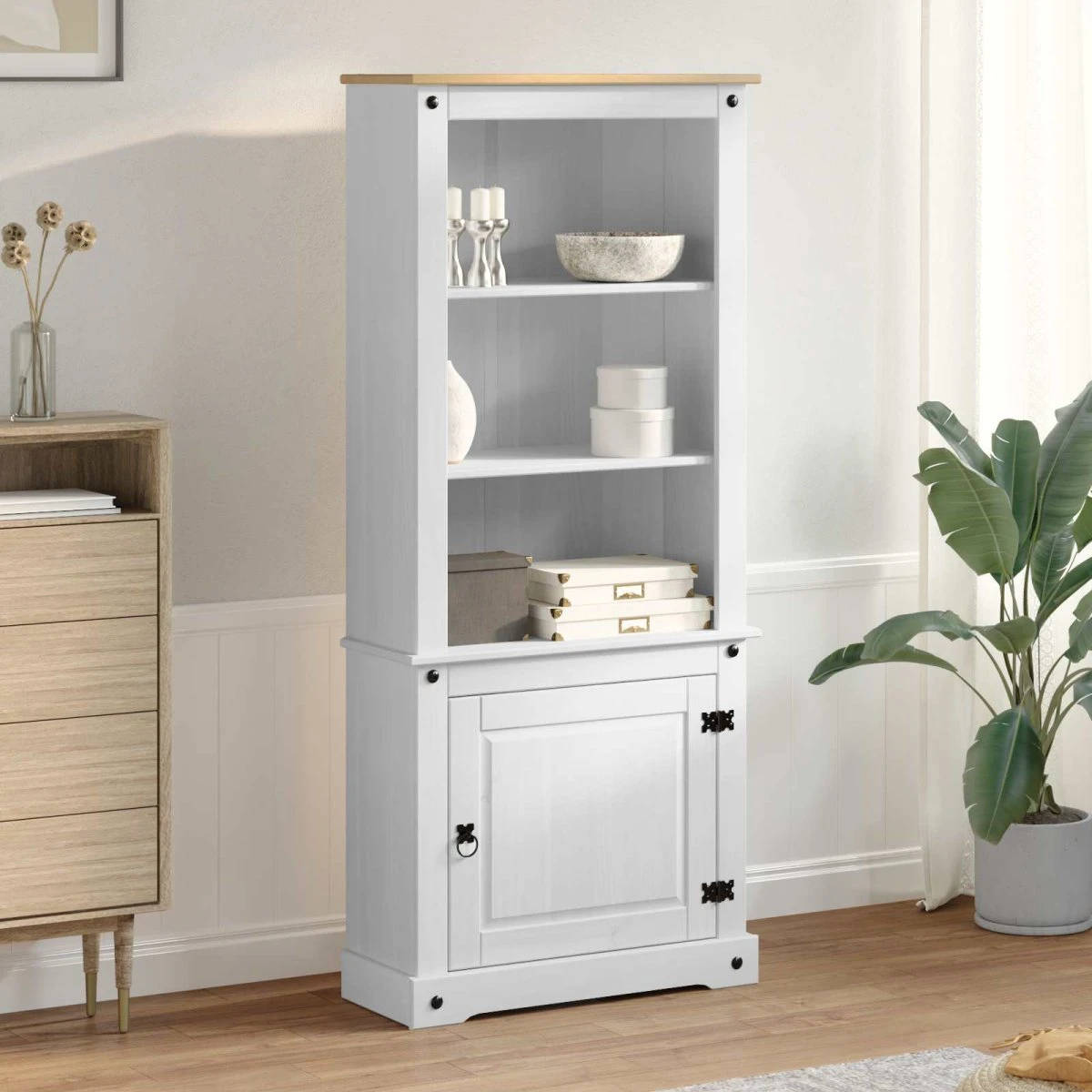 vidaXL Highboard i massivt fyrretræ, hvid - 74 x 38 x 170 cm
