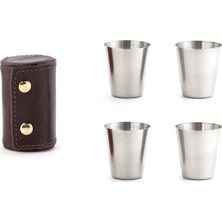 Kikkerland 4-pak Shotglas i Rustfrit Stål med Læderetui