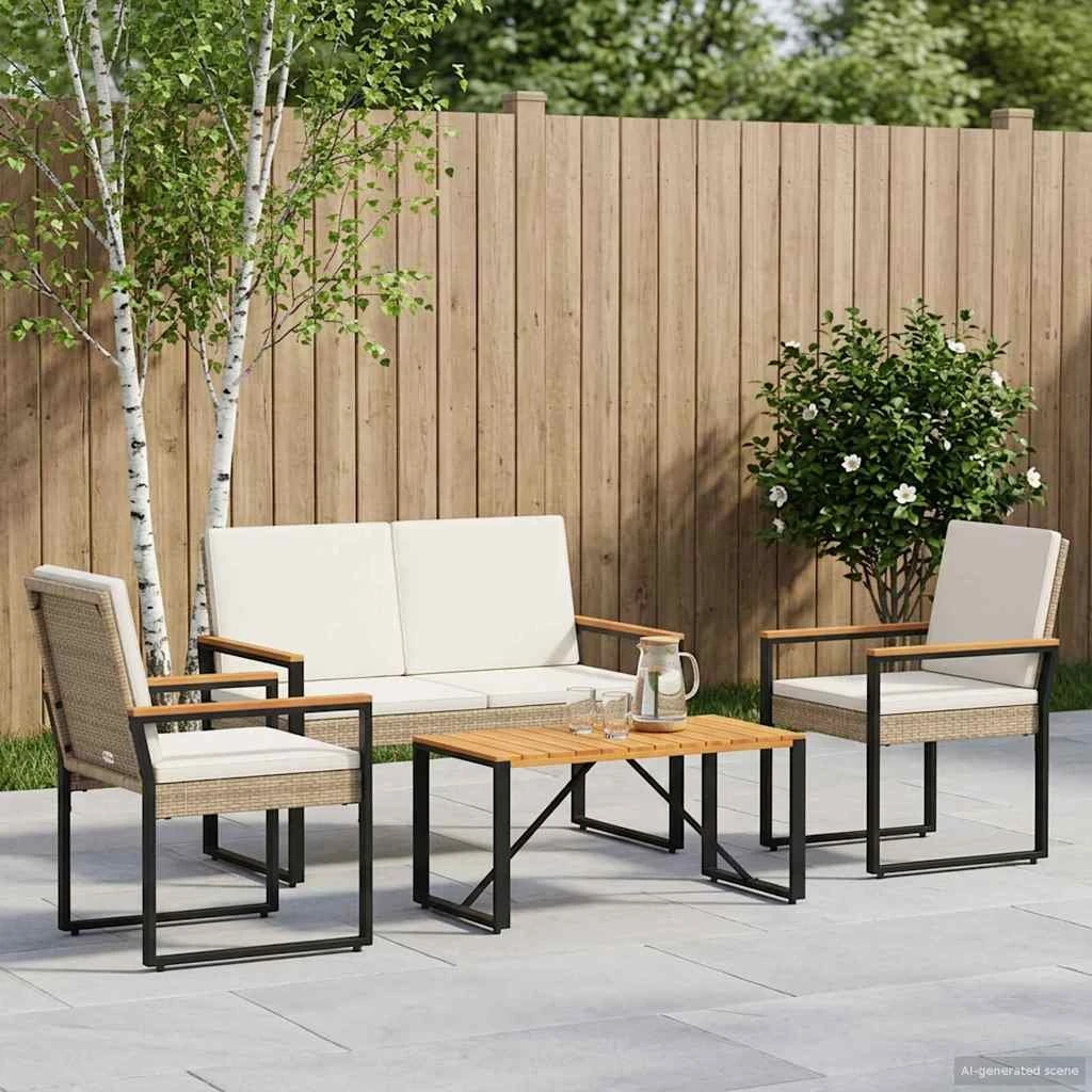 vidaXL Havemøbelsæt 4 dele i polyrattan - Beige og cremehvid