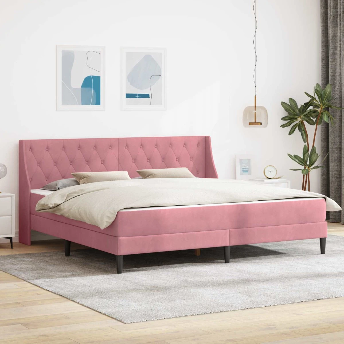 vidaXL Sengeramme med madrasser Lyserød Fløjl 200 x 200 cm