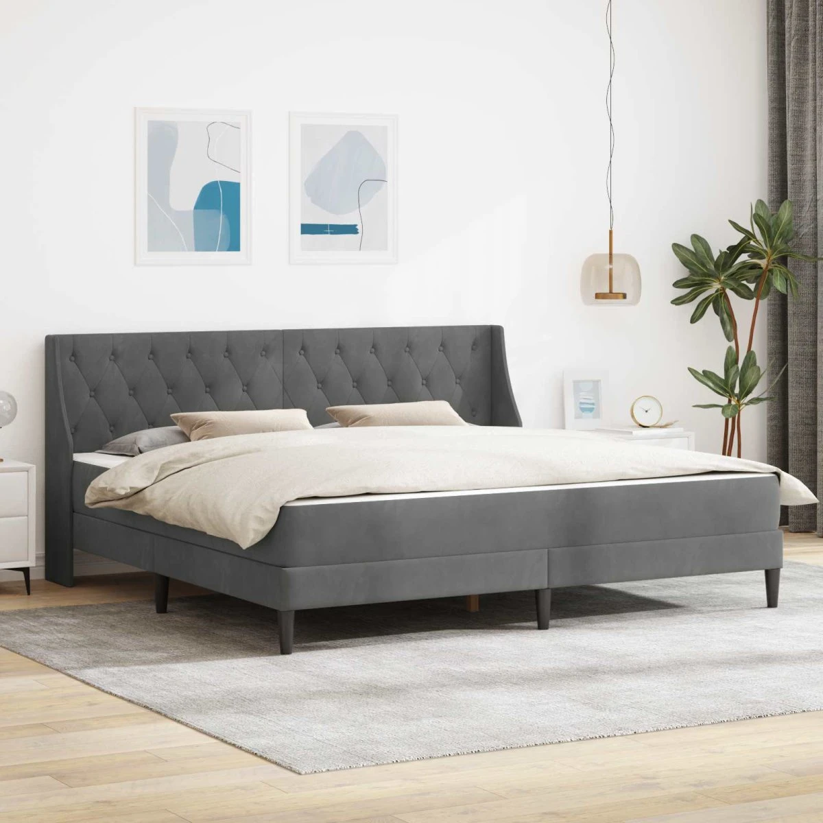 vidaXL Sengeramme med madrasser 200x200 cm - Mørkegrå Fløjl