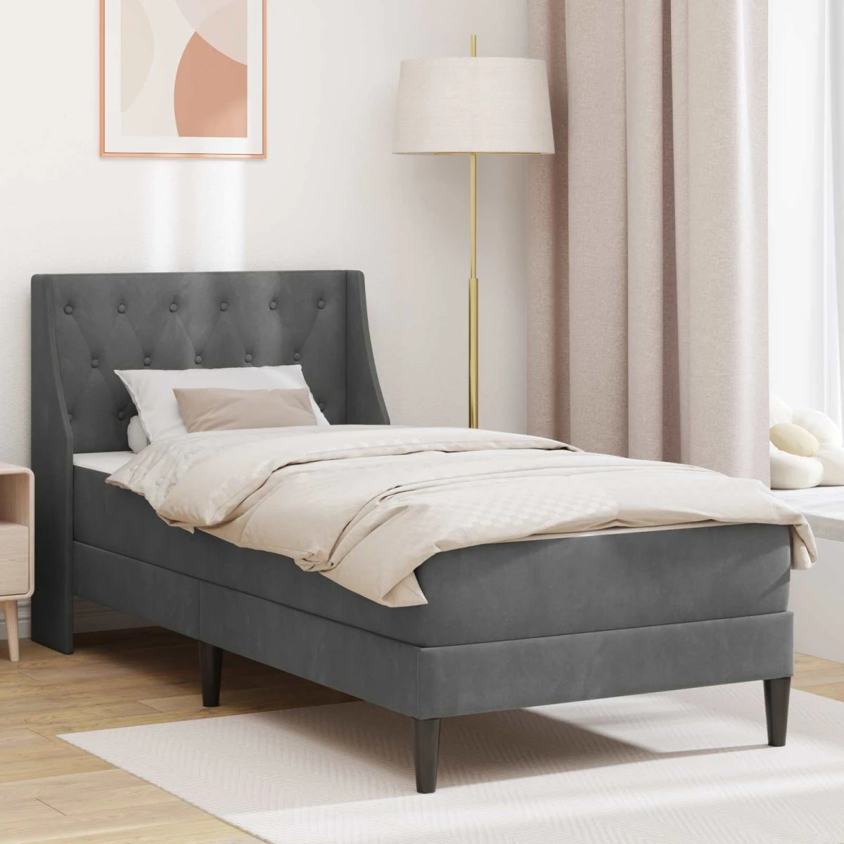 vidaXL Sengeramme med madras 90x200 cm i mørkegrå fløjl