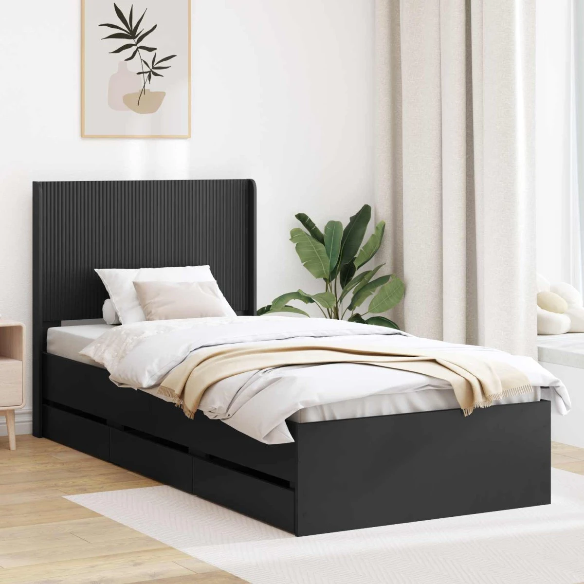 vidaXL Sengestel med opbevaring og hovedgærde, Sort, 90 x 200 cm