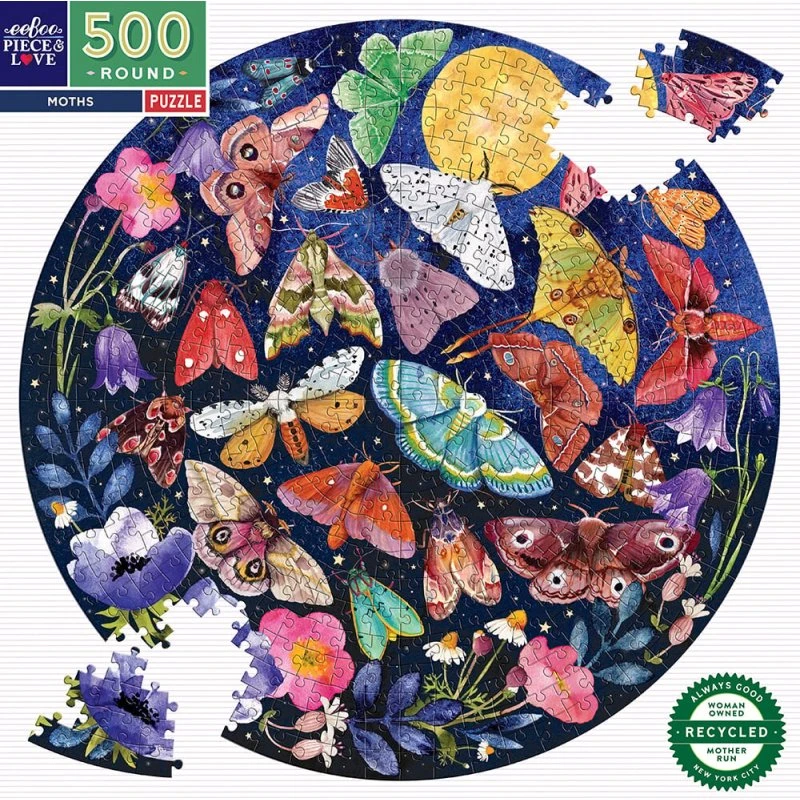 eeBoo Rundt Puslespil 500 brikker – Moths (Ø58 cm)