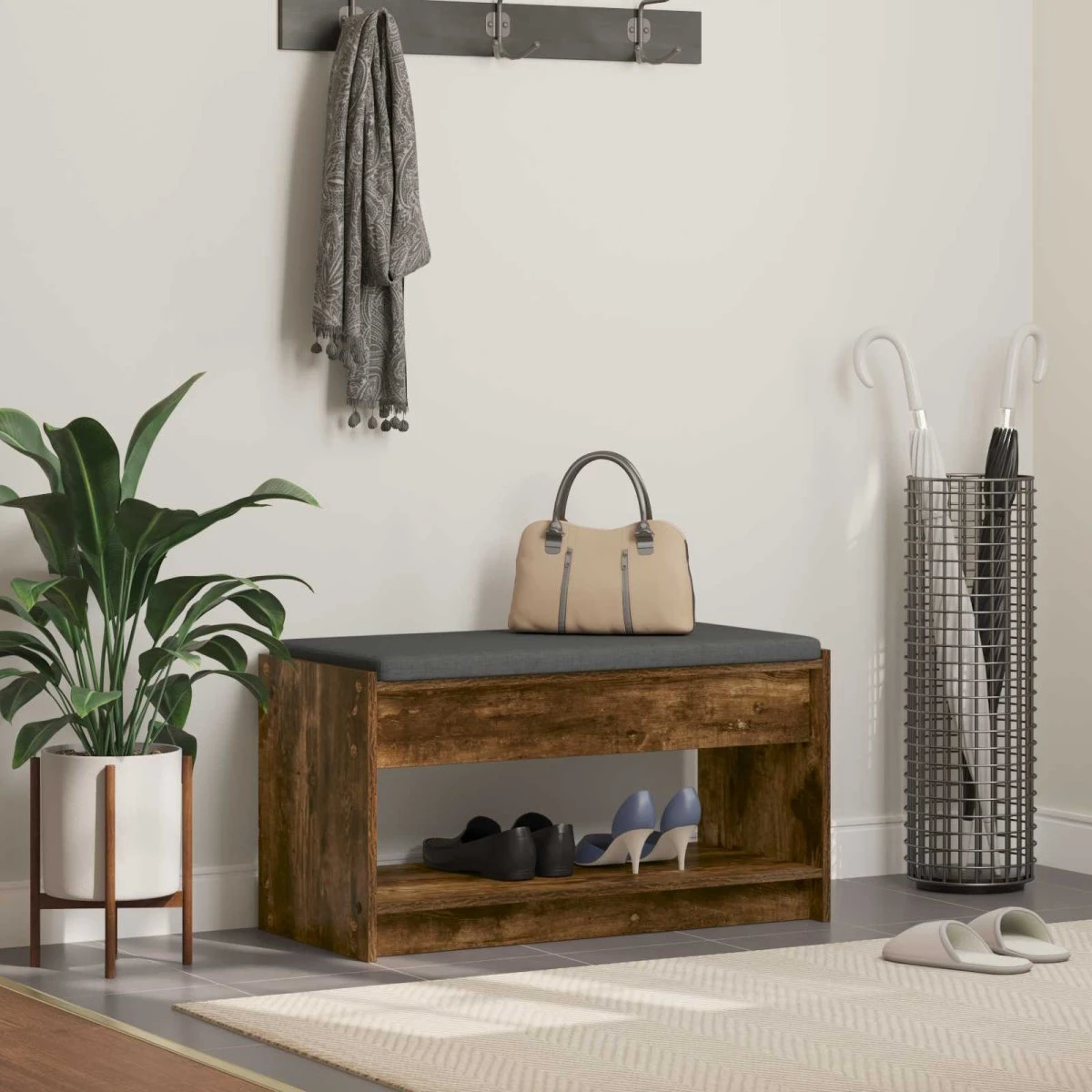 vidaXL Hallbænk Røget Eg 83x38x45 cm med Hylde
