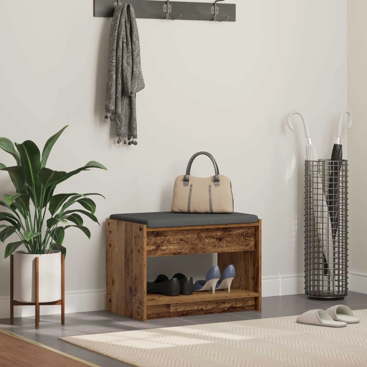vidaXL Hallbænk i gammelt træ med pude, 63 x 38 x 45 cm
