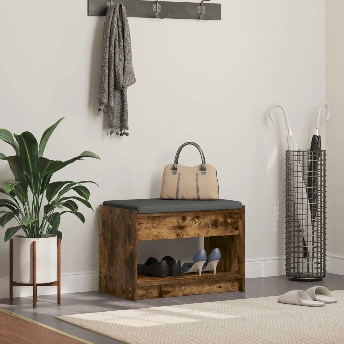 vidaXL Hallbænk Røget Eg 63 x 38 x 45 cm