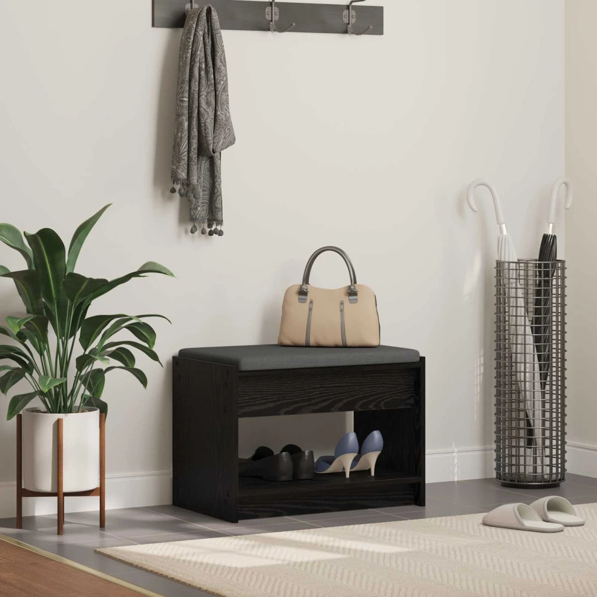 vidaXL Hallbænk Sort Eg, 63 x 38 x 45 cm med pude og hylde