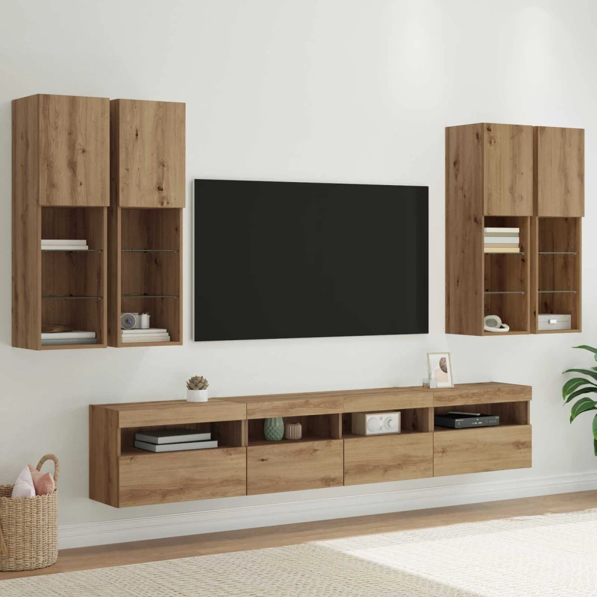 vidaXL TV Væghængt Skabssæt med LED-lys, 7 dele, artisan eg
