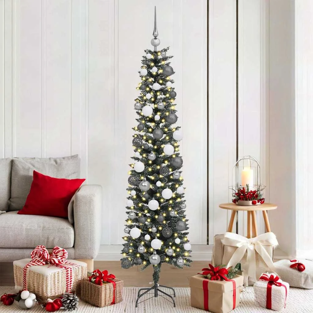 vidaXL Kunstigt juletræ med LED, kugler og stativ, 180 cm, Grøn