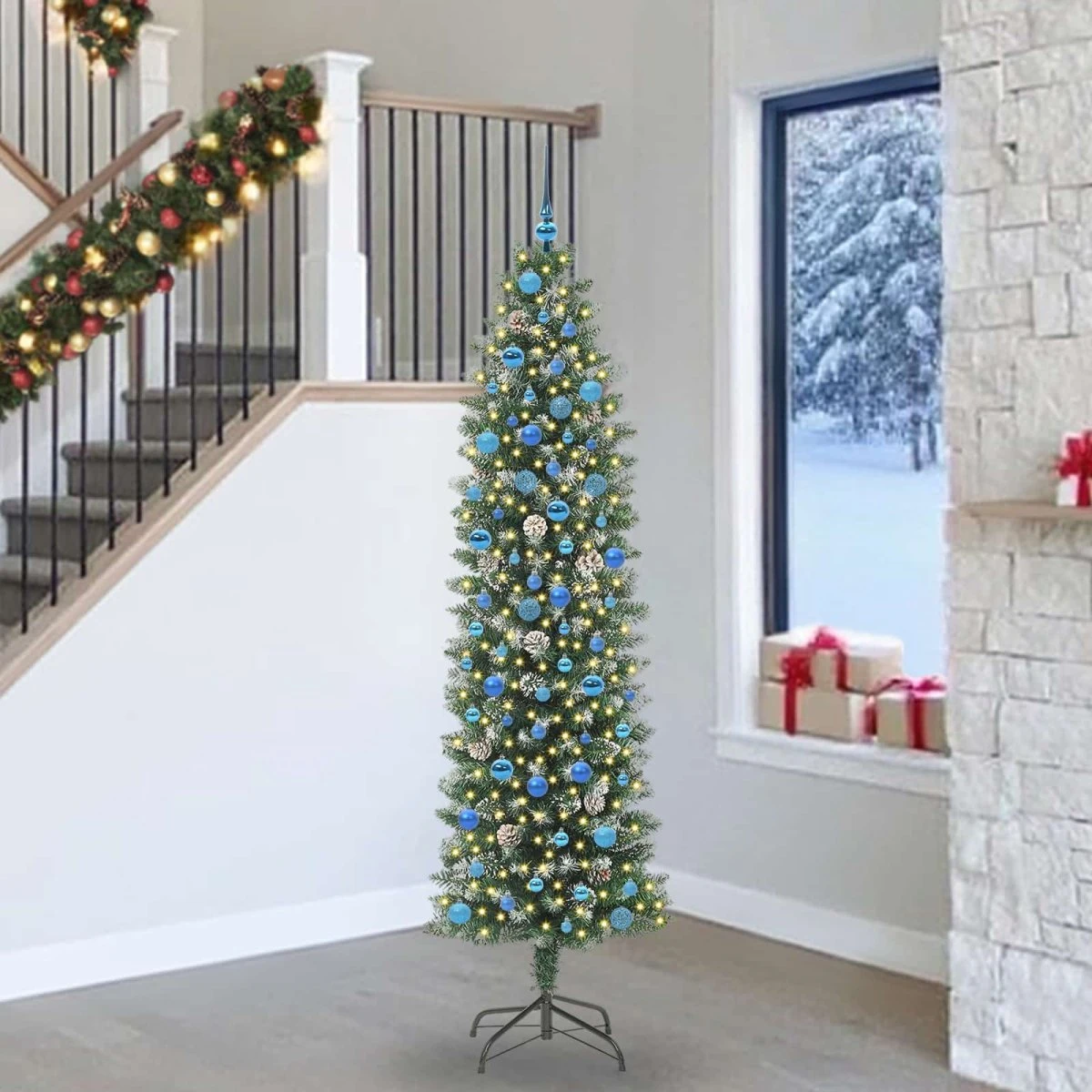 vidaXL Slankt Juletræ med LED-lys, Grøn og Hvid, 240 cm