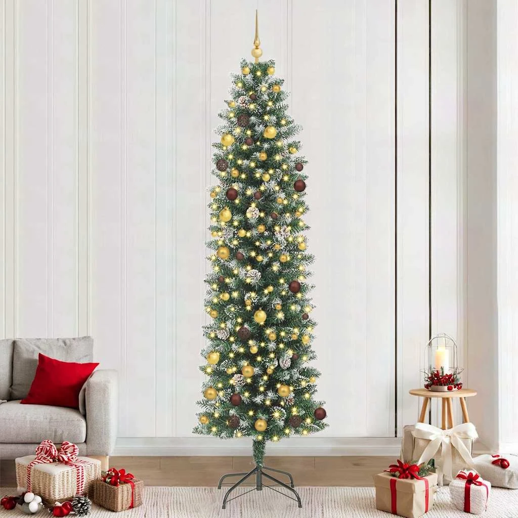 vidaXL Kunstigt Slankt Juletræ med LED - Grøn/Hvid, 240 cm
