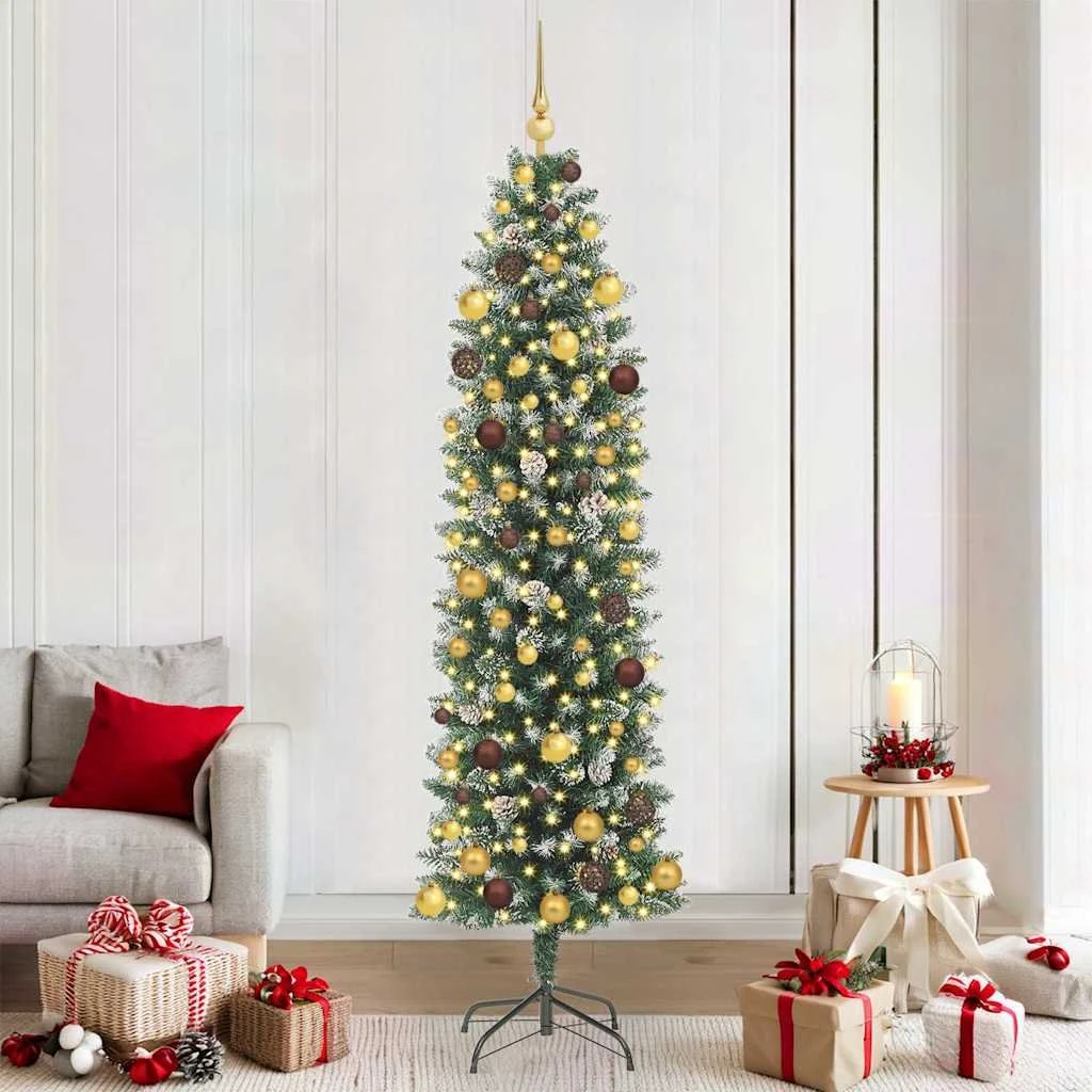 vidaXL Kunstigt Slankt Juletræ med LED-lys, Grøn/Hvid, 210 cm