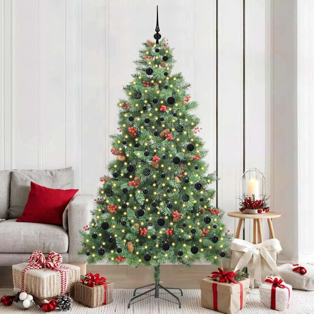 vidaXL Kunstigt juletræ 210 cm med 300 LED og julekugler, Grøn