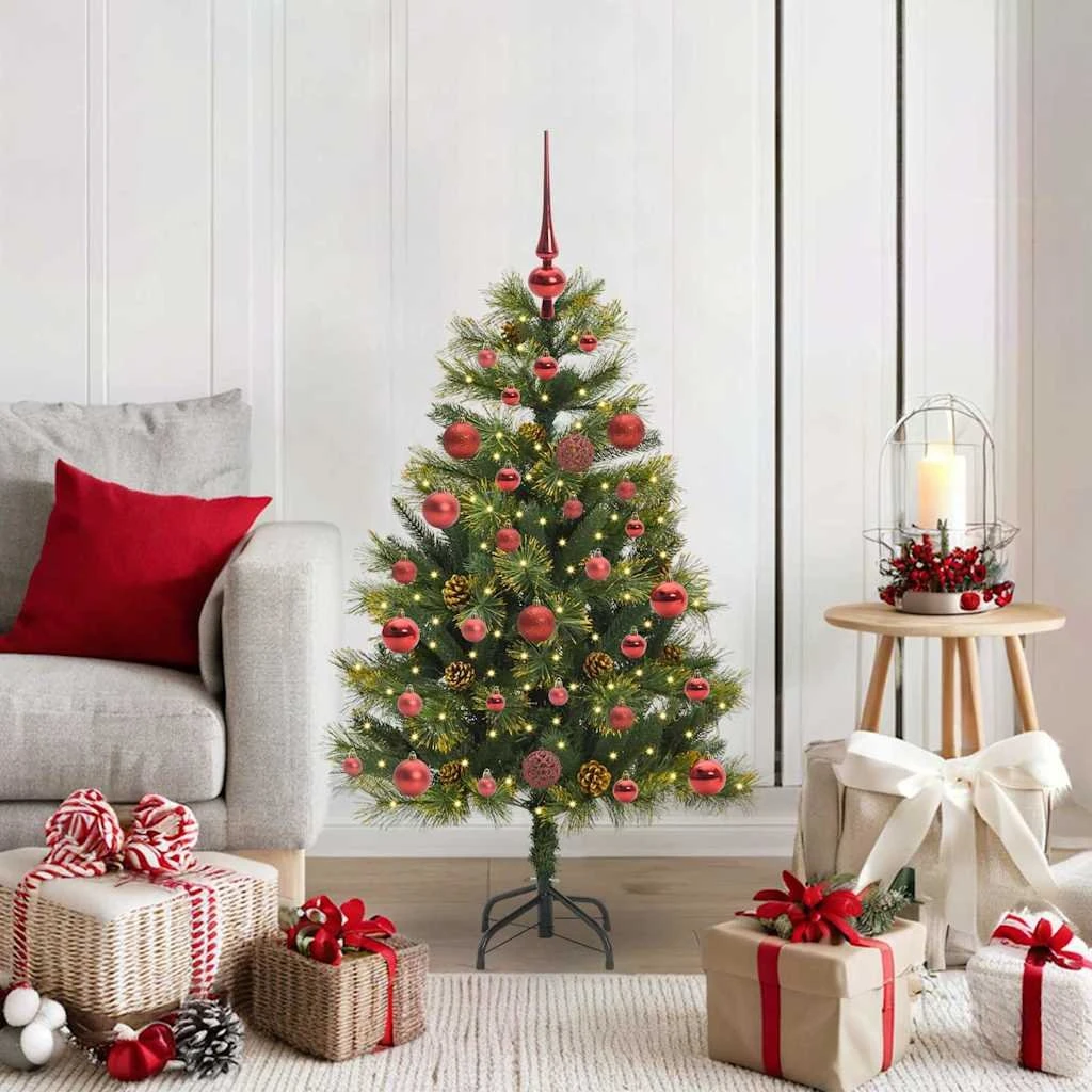 vidaXL Kunstigt Hængslet Juletræ med Kogler & LED, Grøn, 120 cm