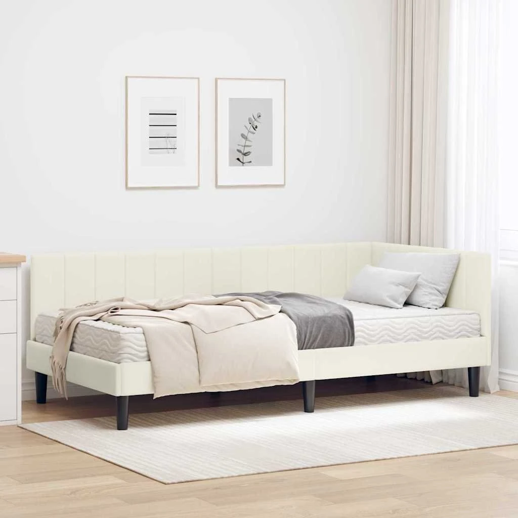 vidaXL Hjørneseng med 2 madrasser, Creme Fløjl, 90 x 190 cm