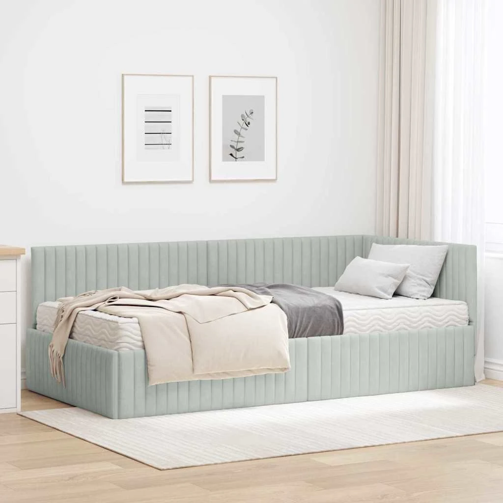vidaXL Hjørneseng med madras 100x200 cm i lysegrå fløjl