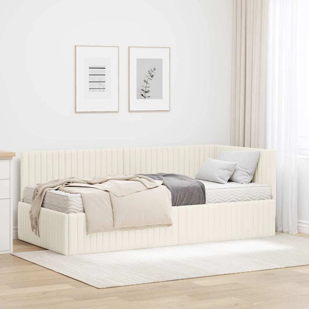 vidaXL Hjørneseng med 2 madrasser, Creme Fløjl, 90 x 190 cm