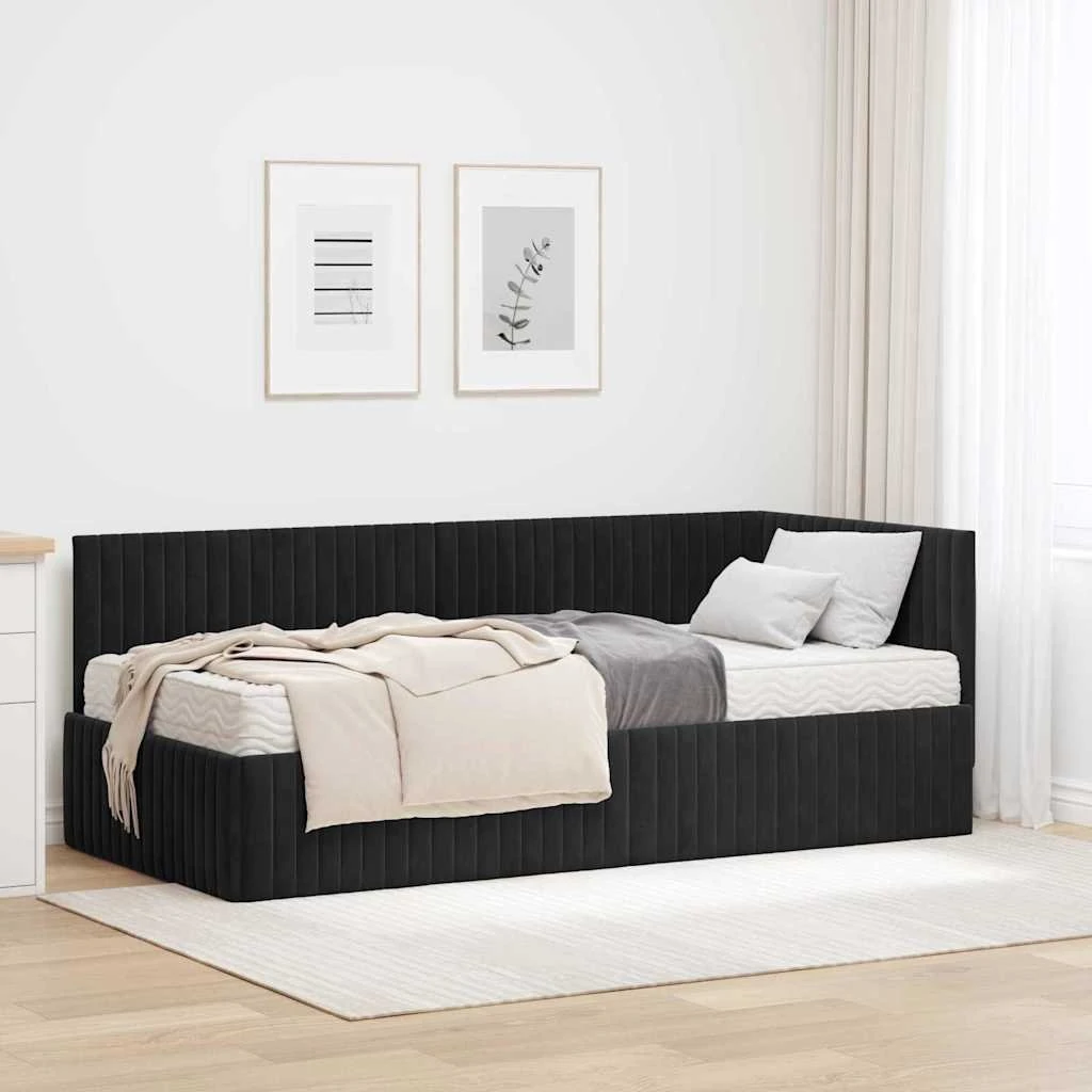 vidaXL Hjørneseng med madras 90x190 cm i sort fløjl