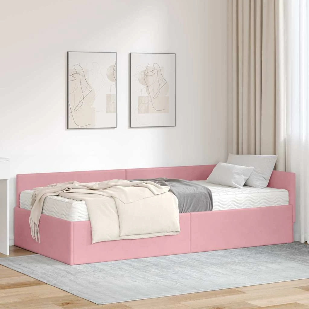 vidaXL Hjørnesengramme med madras 90x190 cm Lyserød Fløjl