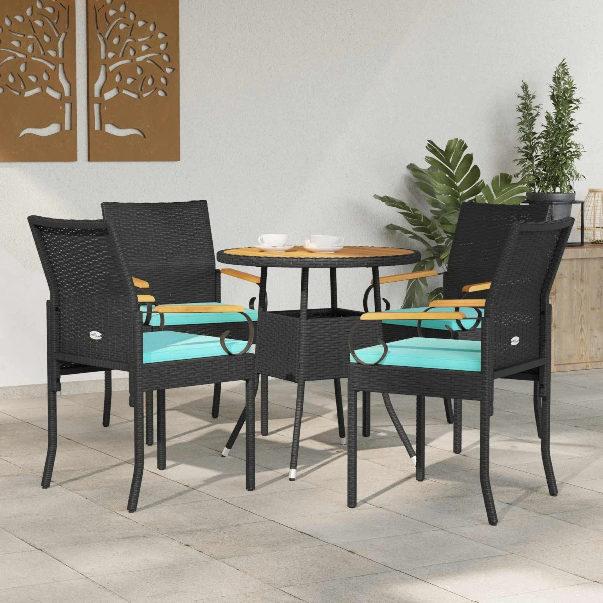 vidaXL Havestole 4 stk. Sort/Turkis Polyrattan & Akacietræ