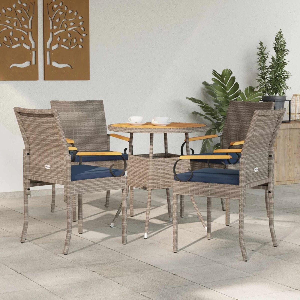 vidaXL Havestole 4 stk. Grå/Marineblå Polyrattan & Akacietræ