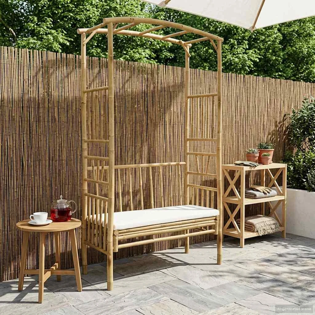vidaXL Havebue med Bænk i Bambus, Cremehvid - 115 x 50 x 205 cm