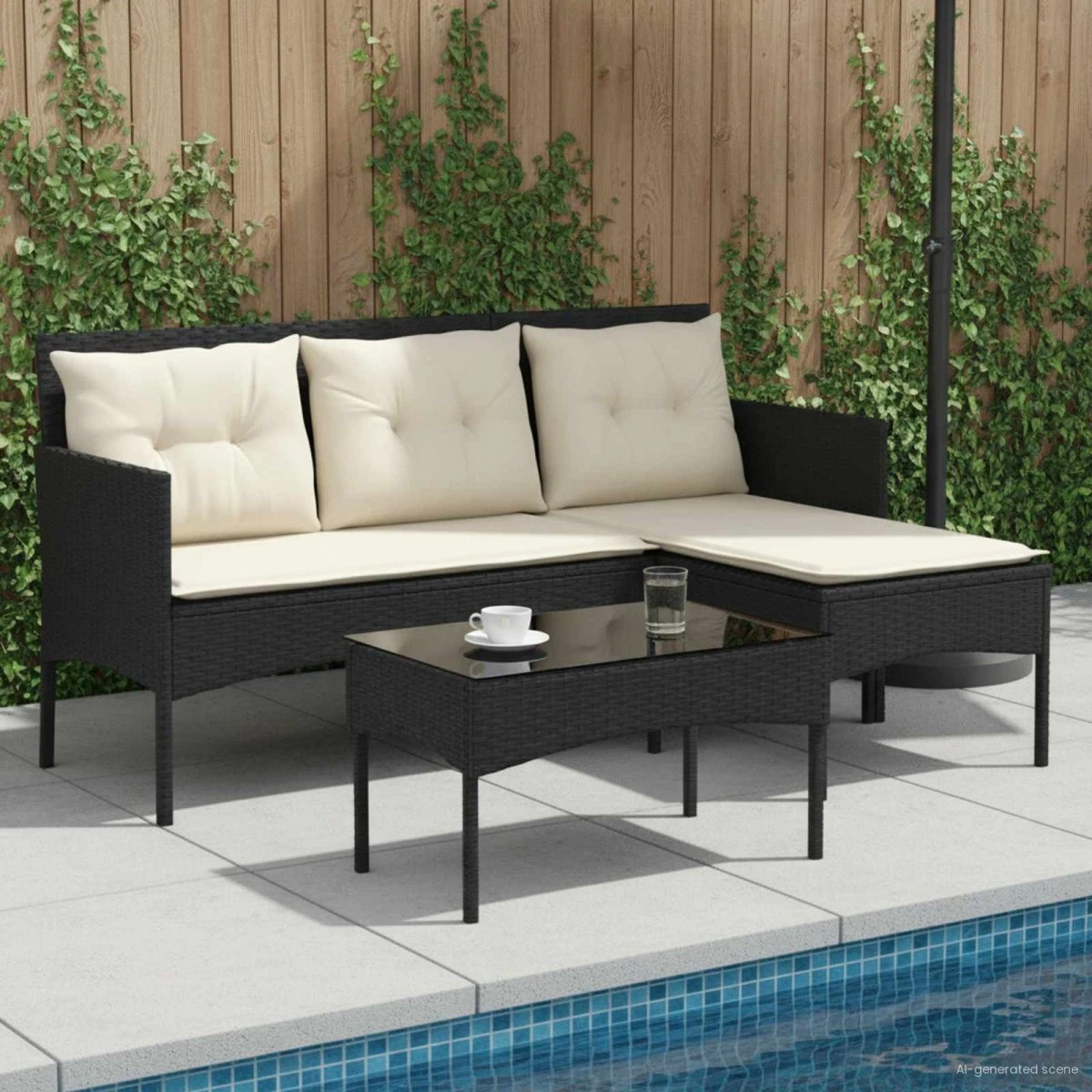 vidaXL L-formet loungesæt i polyrattan, sort/creme - 2 dele