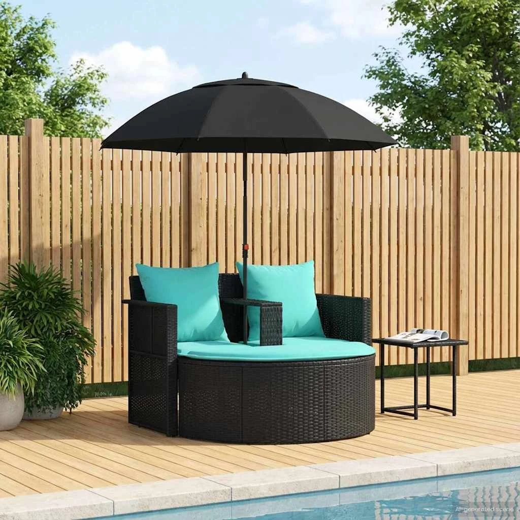 vidaXL Havesofa 8 stk. polyrattan Sort/Turkis med parasol