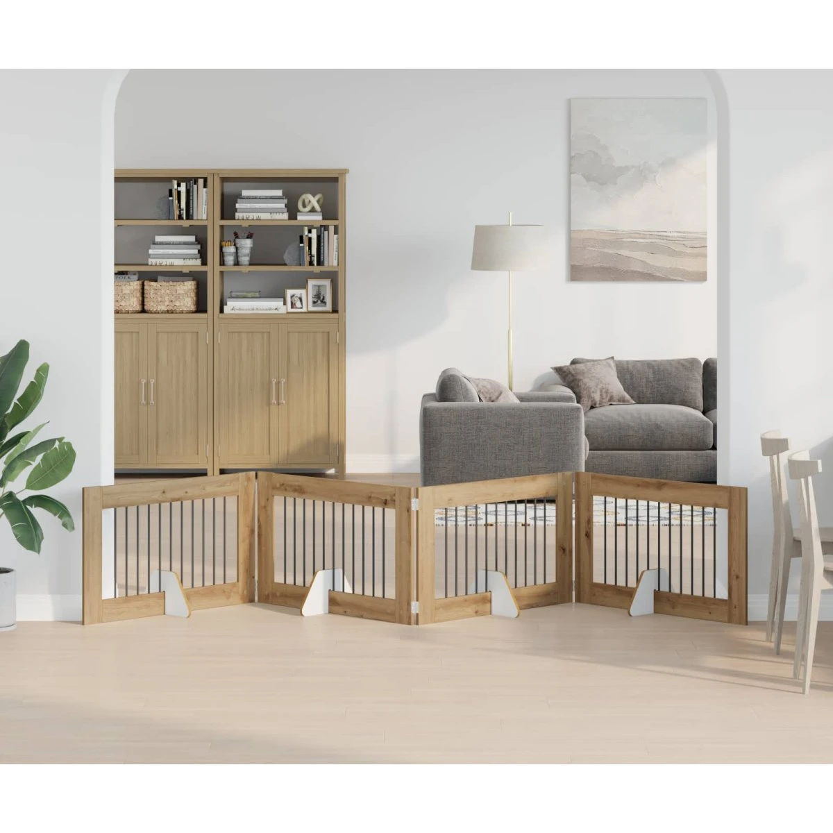 vidaXL Sammenklappeligt hundegitter med 4 stativer - Artisan-eg