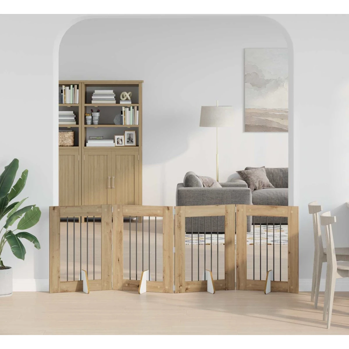 vidaXL Sammenklappeligt hundegitter med 4 stativer - Artisan-eg